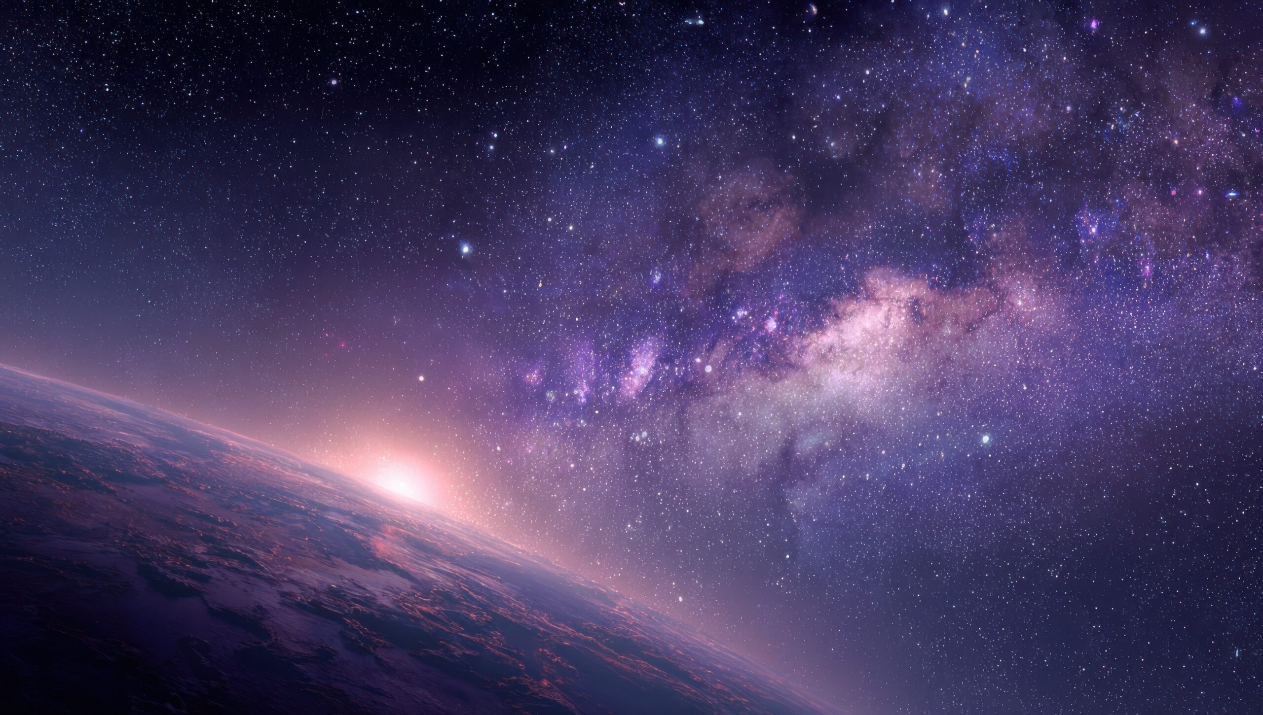 Stunning cosmic view of a planet's horizon with the sun rising and a magnificent galaxy filled with countless stars and colorful nebulae, ideal for space exploration, astronomy, and sci - fi themed pr